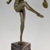 Art Deco bronzen sculptuur danseres, naakt met tamboerijn