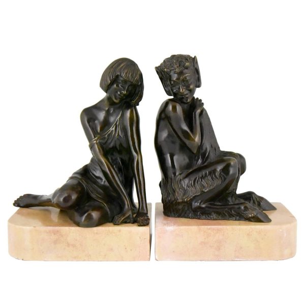 Serre livres Art Deco bronze faune, satyr et nymphe