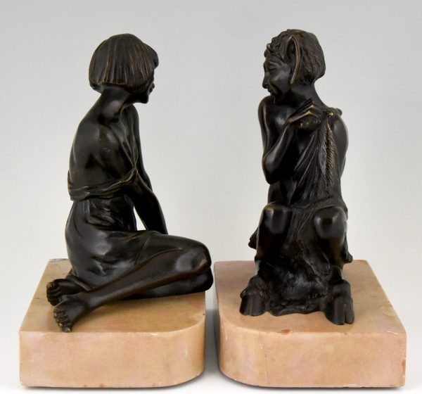 Art Deco bronze bookends lady and satyr