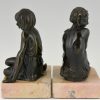 Art Deco bronzen boekensteunen sater faun en nimf