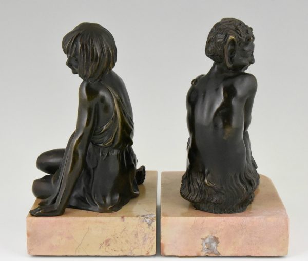 Art Deco bronze bookends lady and satyr