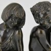 Art Deco bronzen boekensteunen sater faun en nimf