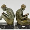 Art Deco bronze bookends man writing, lady reading