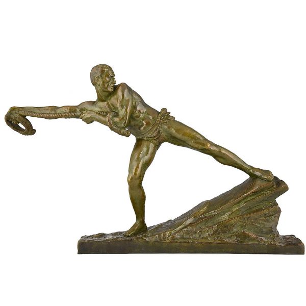 Art Deco sculpture bronze homme tirant une corde