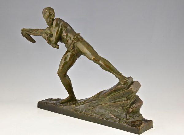 Art Deco sculpture bronze homme tirant une corde