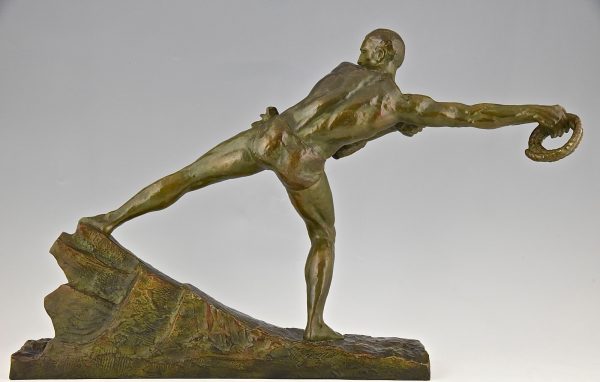 Art Deco sculpture bronze homme tirant une corde