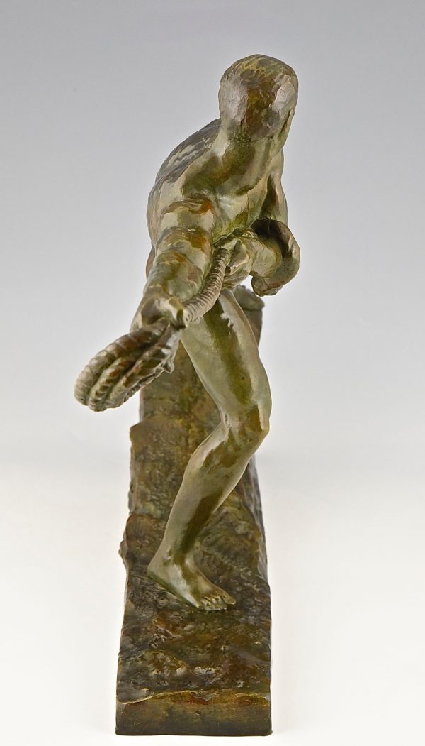 Art Deco bronze of an athletic man with rope