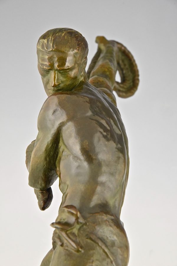 Art Deco bronze of an athletic man with rope