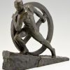 Art Deco bronzen sculptuur atleet met wiel Kracht