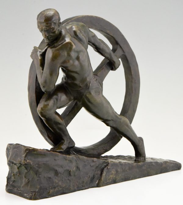 Art Deco bronze sculpture athlete pushing a wheel Strength