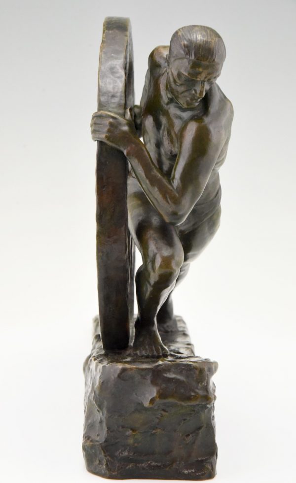 Art Deco bronzen sculptuur atleet met wiel Kracht
