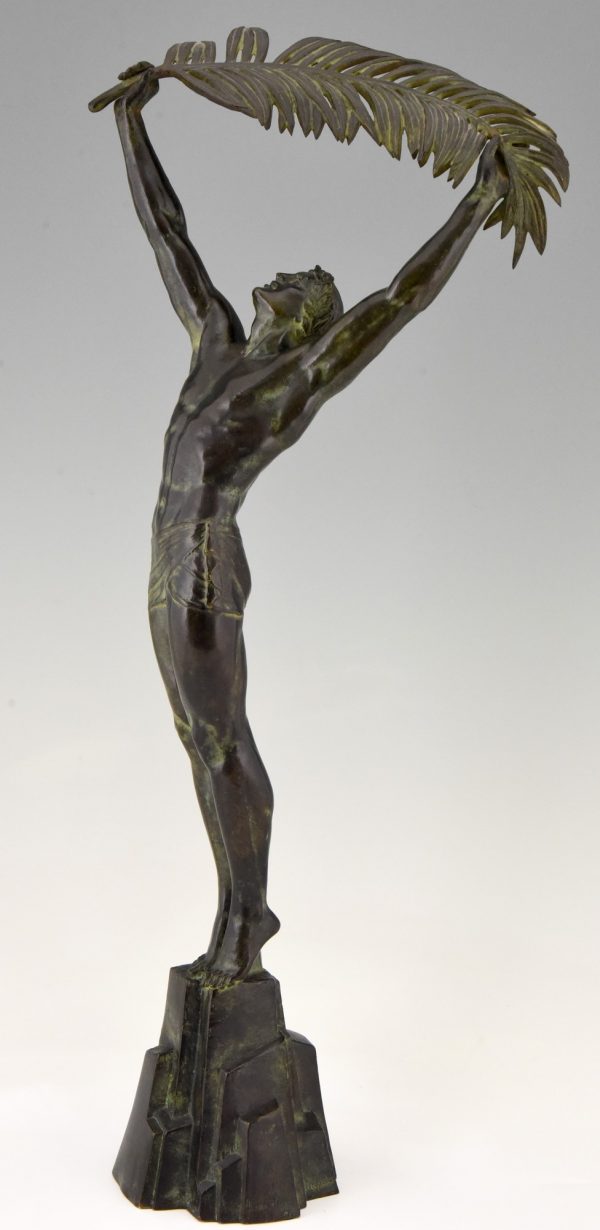 Art Deco bronze sculpture athletic man with palm leaf Victory