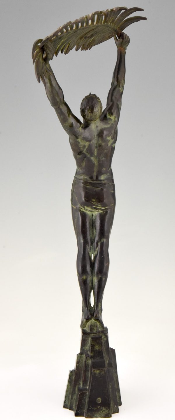 Art Deco bronze sculpture athletic man with palm leaf Victory