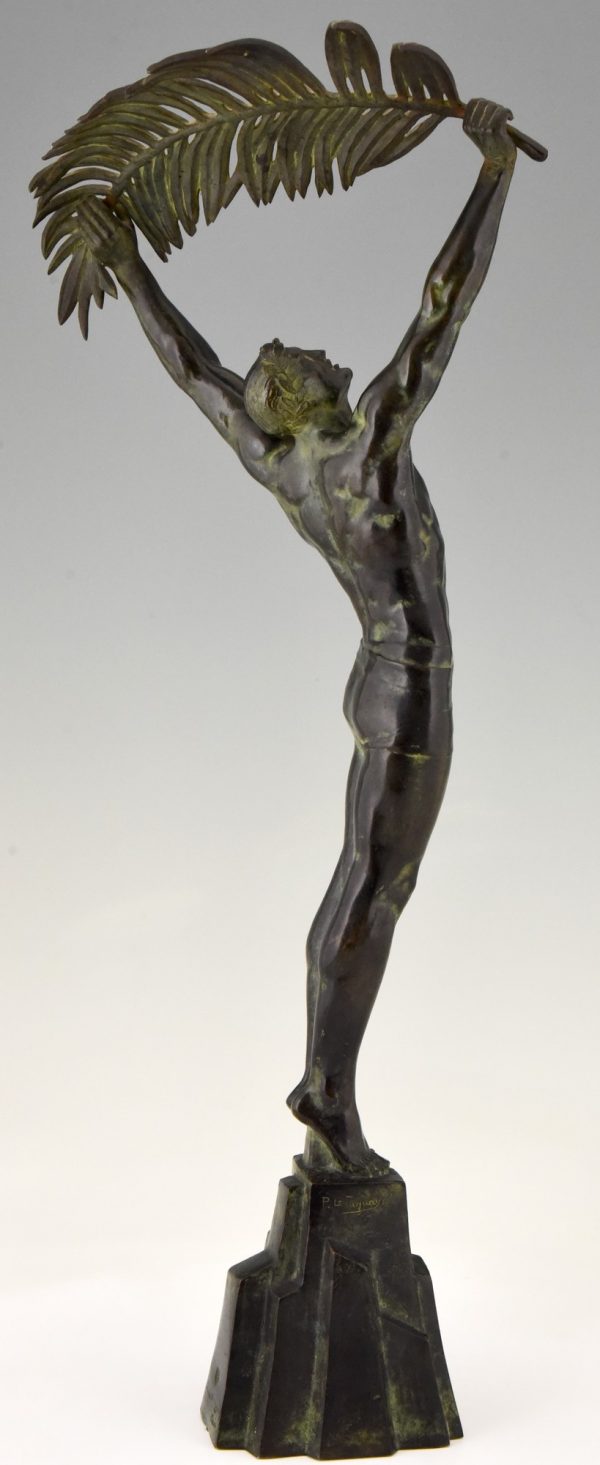 Art Deco bronze sculpture athletic man with palm leaf Victory