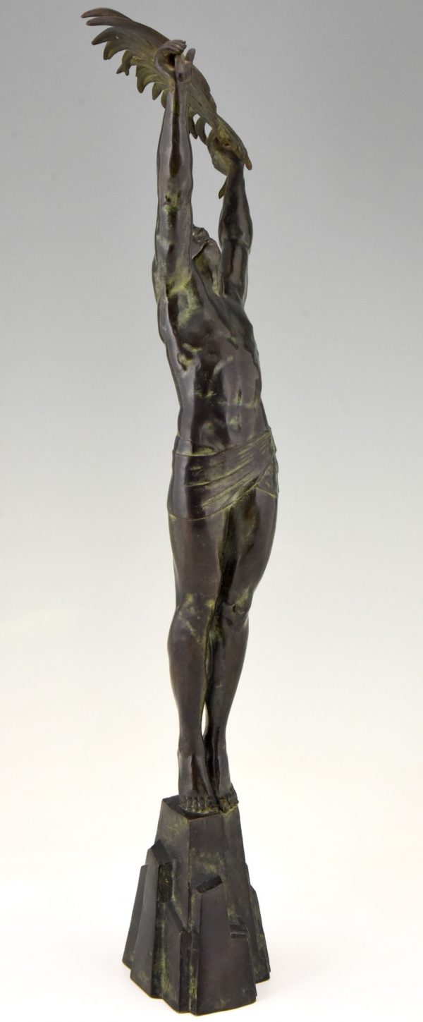 Art Deco bronze sculpture athletic man with palm leaf Victory