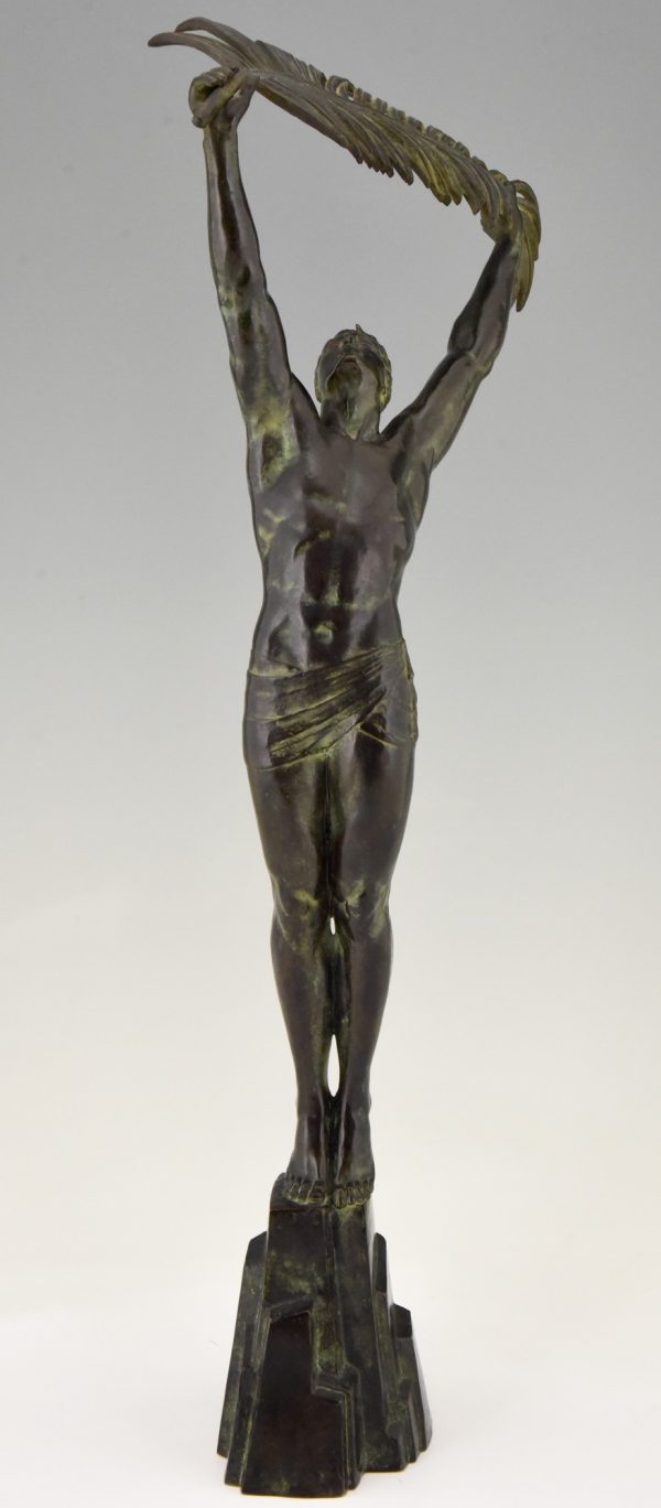 Art Deco bronze sculpture athletic man with palm leaf Victory