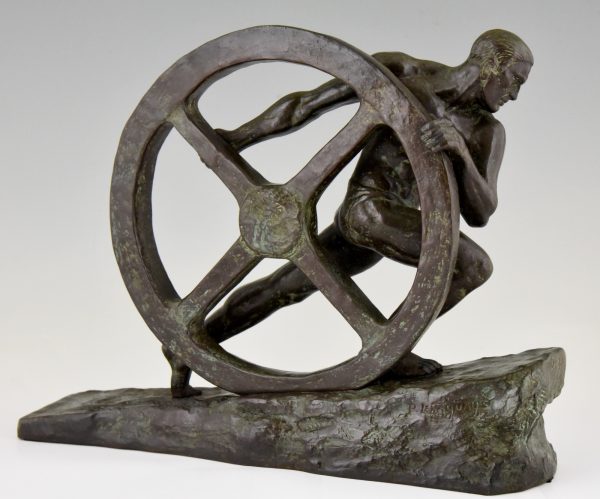 Art Deco bronzen sculptuur naakte man met wiel