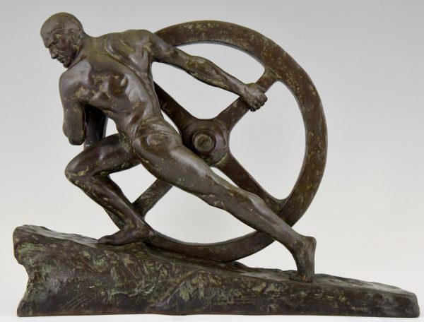 Art Deco bronzen sculptuur naakte man met wiel