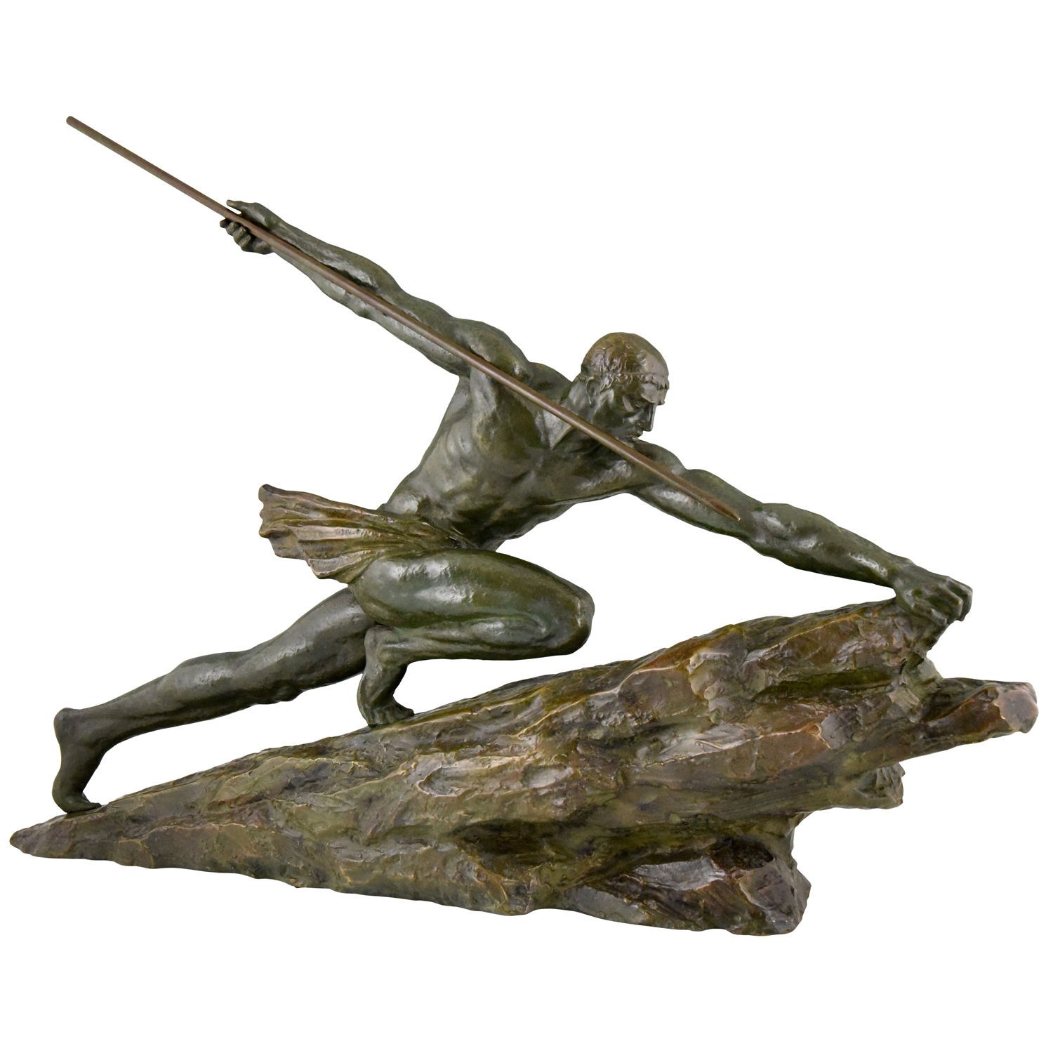 Art Deco bronzen sculptuur man met speer