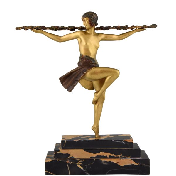 Art Deco bronze sculpture nude dancer with Thyrsus