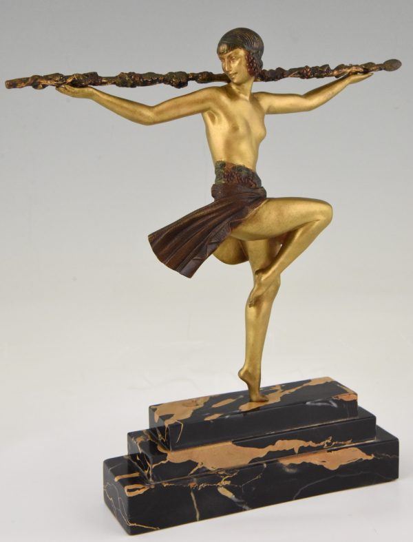 Art Deco bronze sculpture nude dancer with Thyrsus