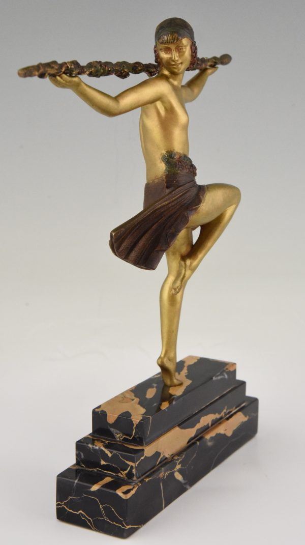 Art Deco bronze sculpture nude dancer with Thyrsus