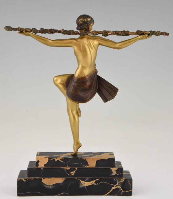 Art Deco bronze sculpture nude dancer with Thyrsus