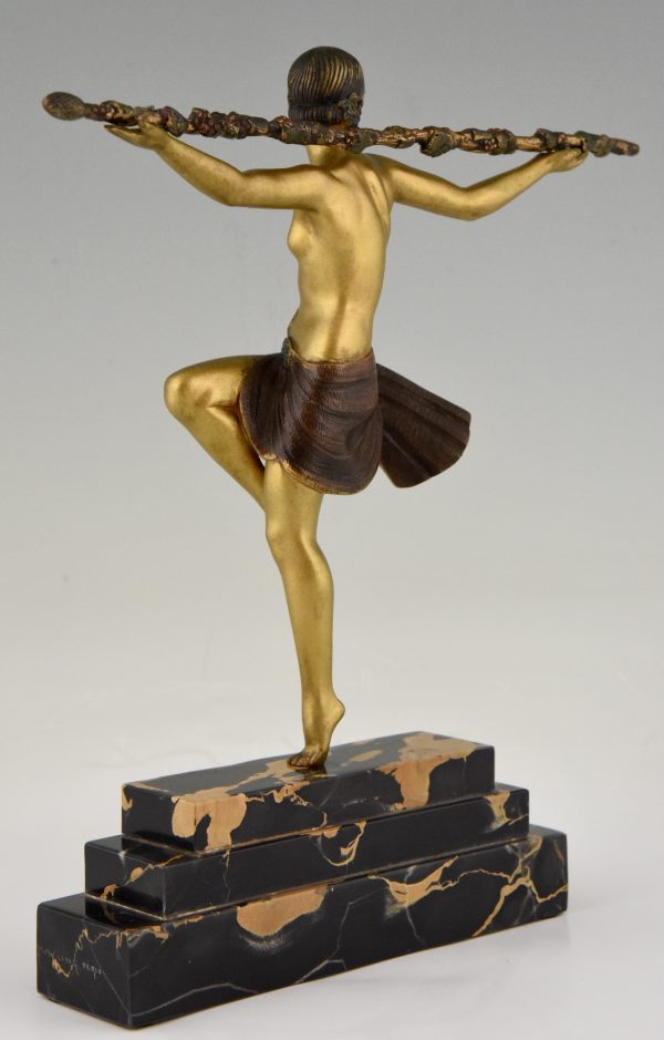 Art Deco bronze sculpture nude dancer with Thyrsus