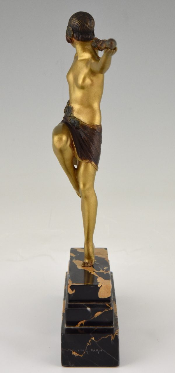 Art Deco bronze sculpture nude dancer with Thyrsus