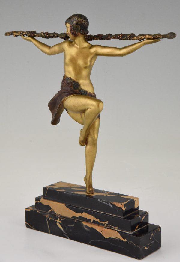 Art Deco bronze sculpture nude dancer with Thyrsus