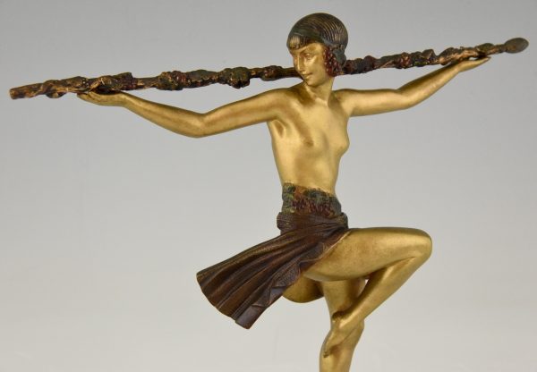 Art Deco bronze sculpture nude dancer with Thyrsus