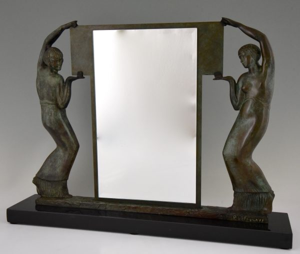 Art Deco bronzen beeld twee vrouwen met spiegel