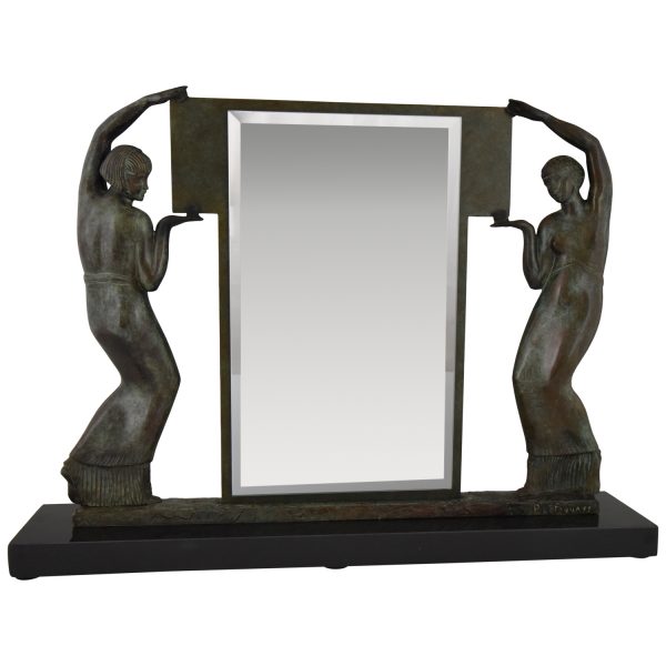 Art Deco Sculpture en bronze deux femmes tenant un mirror