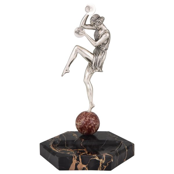 Art Deco silvered bronze cymbal dancer on marble tray