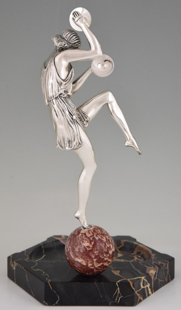 Art Deco silvered bronze cymbal dancer on marble tray