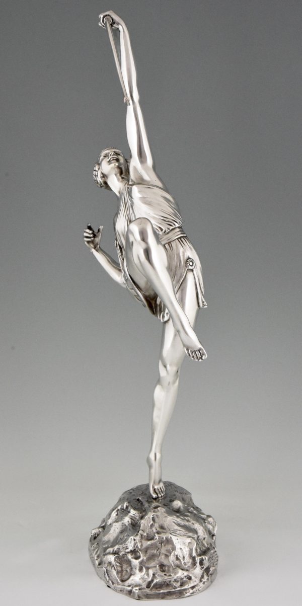 Art Deco verzilverd brons vrouw met boog Diana