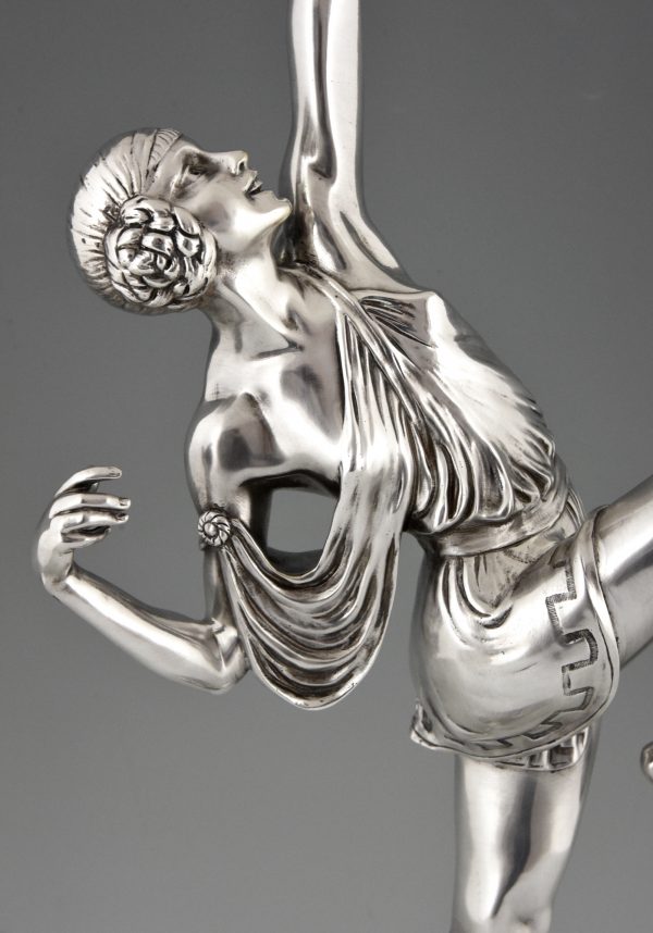 Art Deco silvered bronze sculpture woman with bow Diana