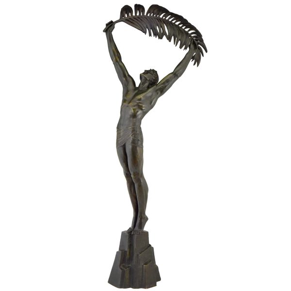 Tall Art Deco bronze sculpture athletic man palm leaf Victory