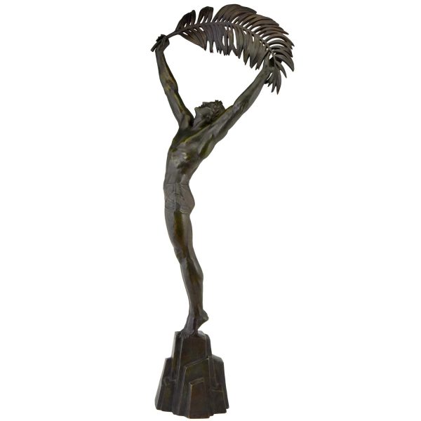 Tall Art Deco bronze sculpture athletic man palm leaf Victory