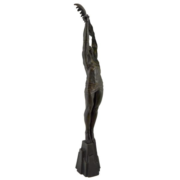 Tall Art Deco bronze sculpture athletic man palm leaf Victory