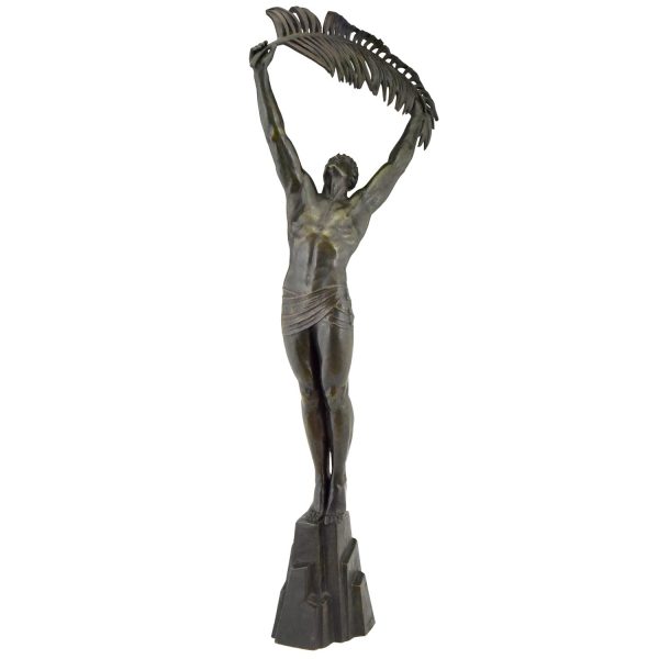 Art Deco bronzen sculptuur atleet met palmtak Victory