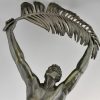 Tall Art Deco bronze sculpture athletic man palm leaf Victory