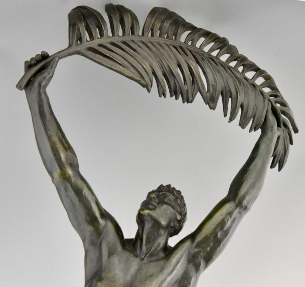 Tall Art Deco bronze sculpture athletic man palm leaf Victory