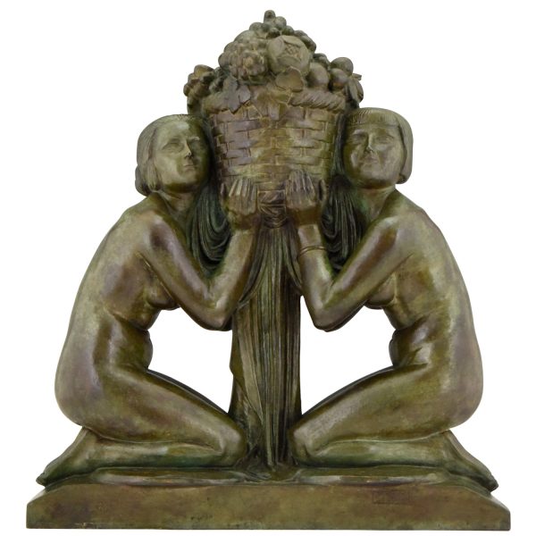 Abundance Art Deco bronze sculpture two nudes holding a basket