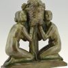 Abundance Art Deco bronze sculpture two nudes holding a basket