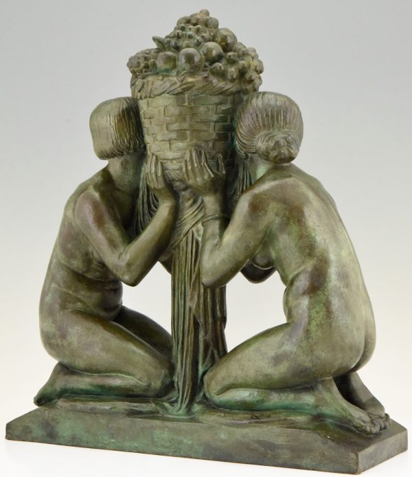Abundance Art Deco bronze sculpture two nudes holding a basket