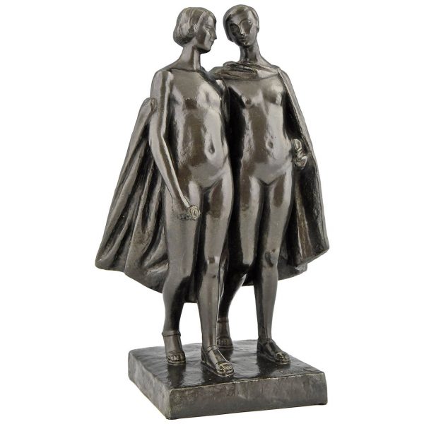 Art Deco bronzen beeld twee naakte vrouwen