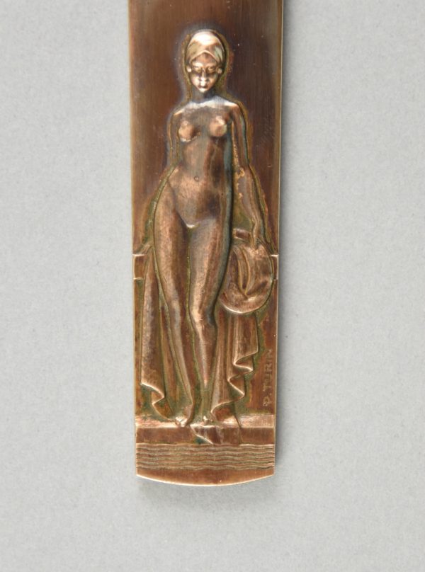 Art Deco bronze letter opener with nude bather.
