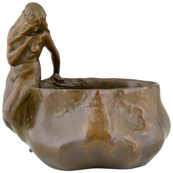 Art Nouveau bronze flower dish with nude