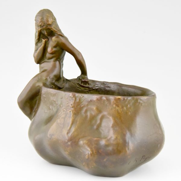 Art Nouveau bronze flower dish with nude